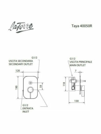La Torre Taya 40050R-100 Μίκτης μπαταρίας εντοιχισμού ντουζιέρας 2 εξόδων με εκτροπέα Chrome - Image 2