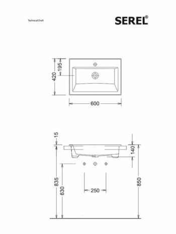 Serel 3042-300 Νιπτήρας Πορσελάνης ένθετος 60x42 cm White - Image 3