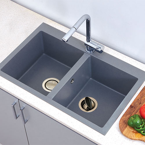 Crown Quadra Q82 - Ένθετος Νεροχύτης από γρανίτη 79x50cm με δύο γούρνες Nero (μαύρο)