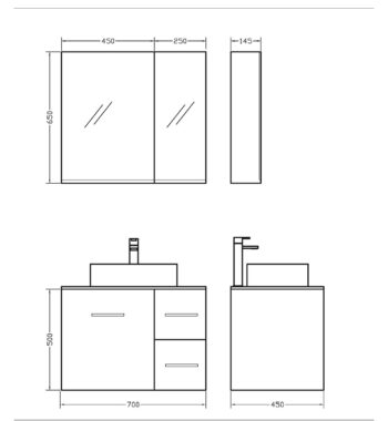 Orabella Solid Surface 70 - Έπιπλο μπάνιου κρεμαστό με 1 πόρτα, 2 Συρτάρια και Καθρέπτη 70x45xY50 cm - Image 3